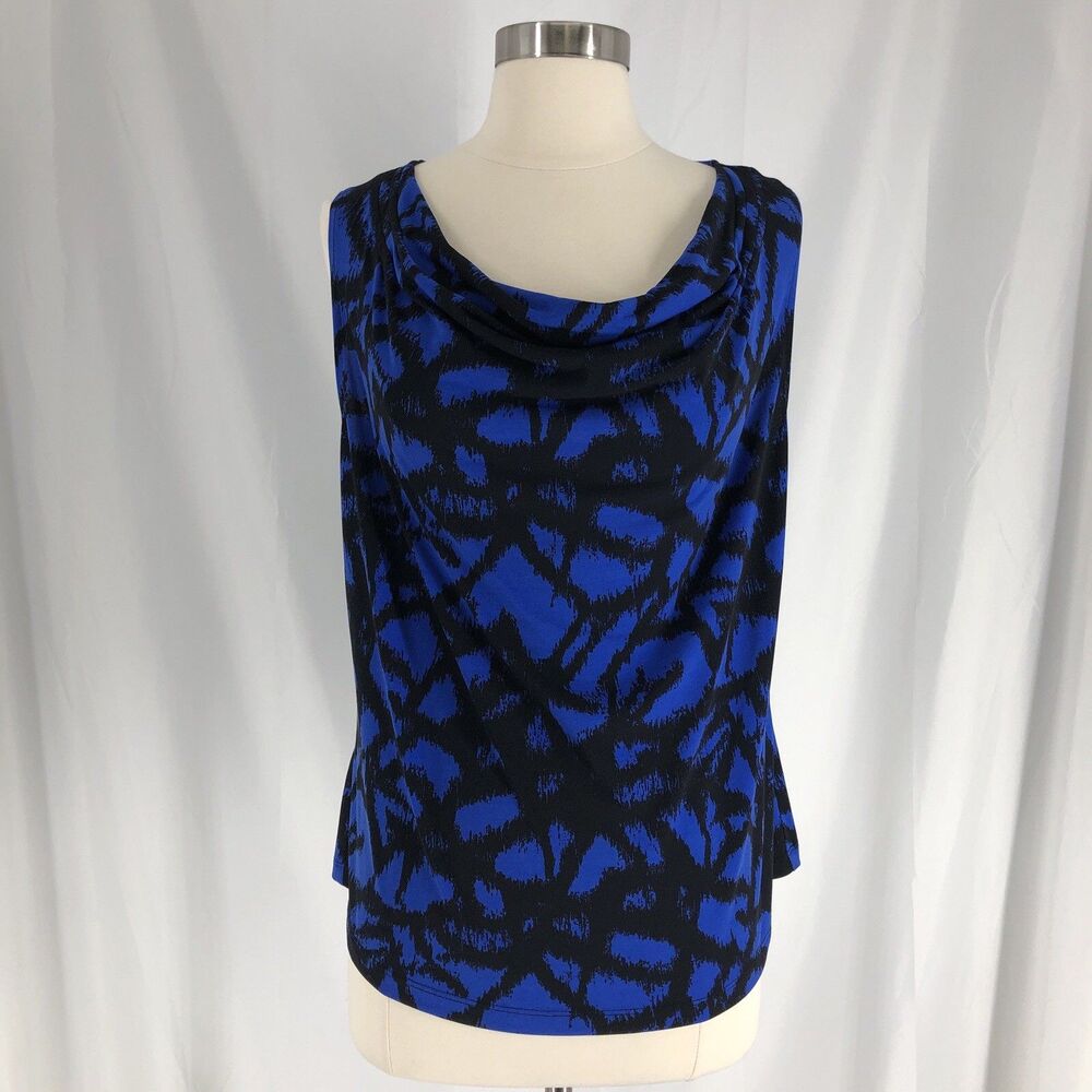 Calvin Klein Blouse Womens Blue Black Cowl Neck Sleeveless Abstract Print